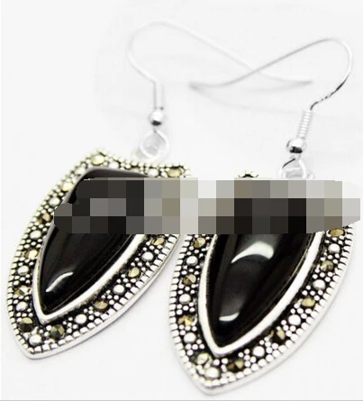 

wb003 BLACK AGATE SILVER DANGLE SS EARRINGS W.HEMATITE