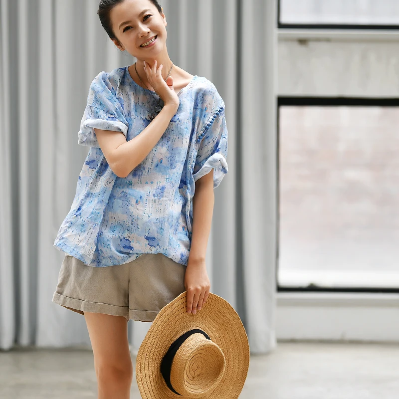 

C6757 Artistic broken flower small button down shoulder linen small unlined upper garment loose thin shirt woman