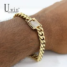 UWIN 10 мм мужской кубинский браслет со звеньями, стразы, застежка, золото, серебро, нержавеющая сталь, браслет-цепочка 21 см