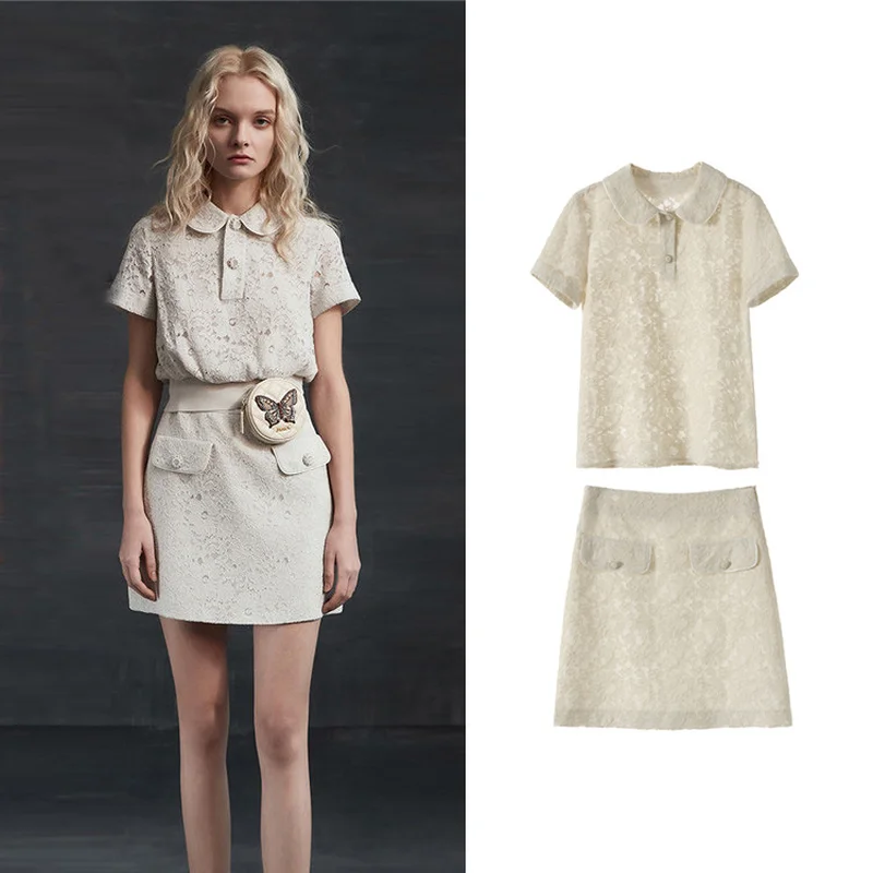 

Runway Women's Lace Suit Peter Pan Collar Tops Mini Skirt Summer Office Ladies Hollow Out Tee Skirts Outfits Two Piece Party Set