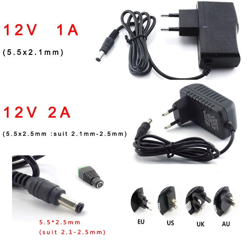 Светодиодный трансформатор переменного тока 100-240 В к DC 12 В 1A 2A адаптер питания для светодиодной полосы света DC гнездовой разъем 2,1x5,5 мм