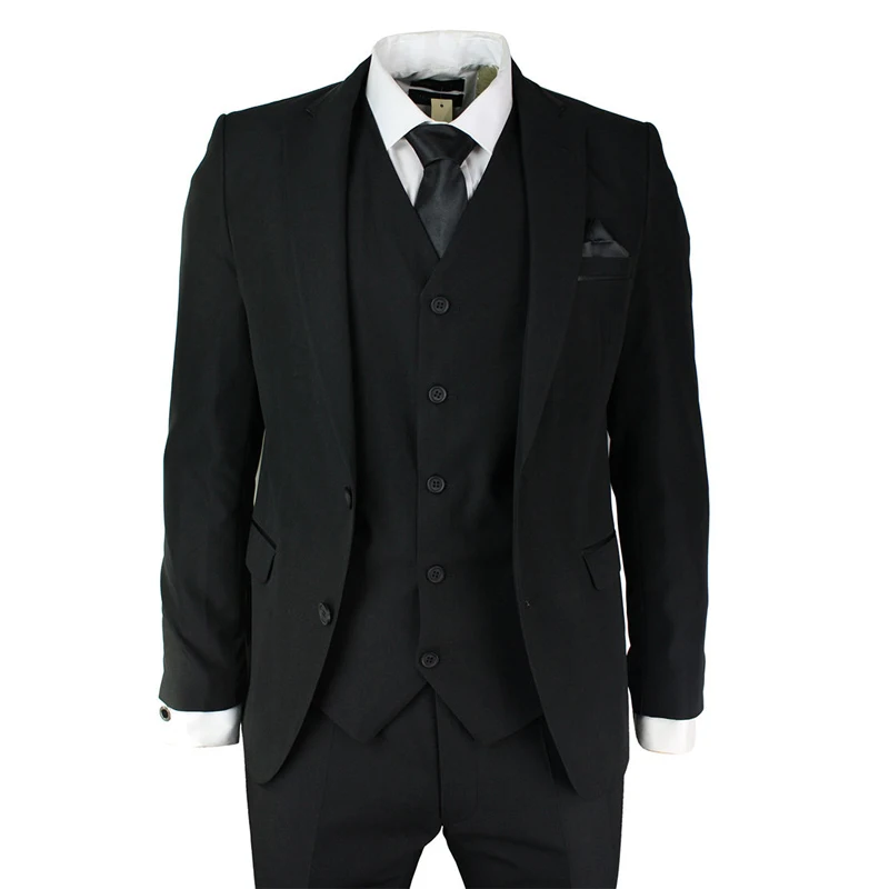 Mens Slim Fit Black Suit 5 Piece Satin Trim Wedding Prom Party Office