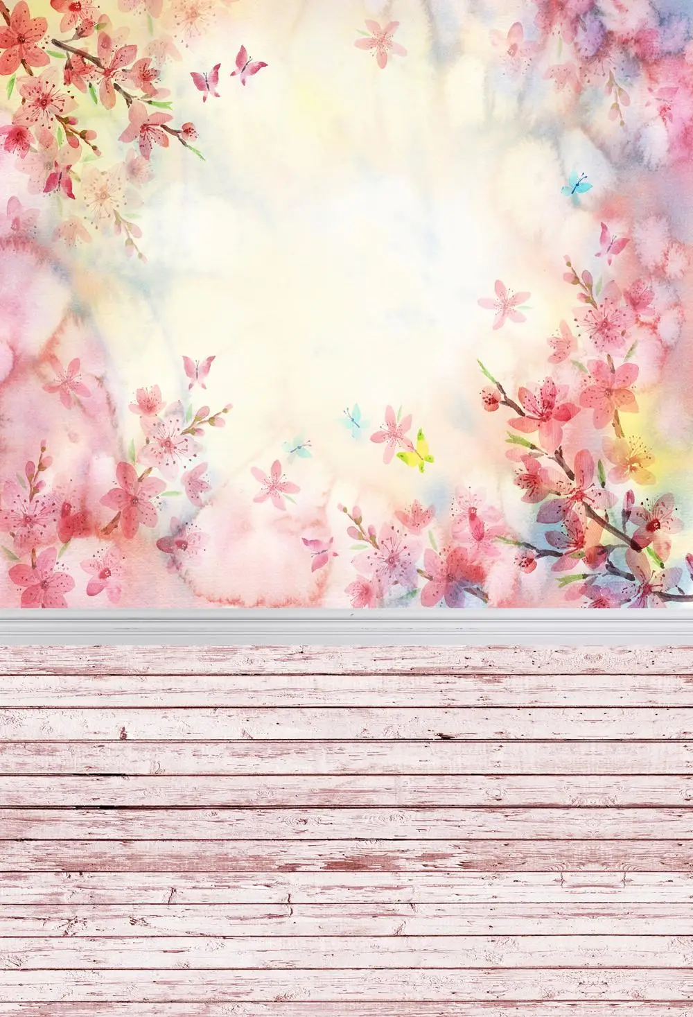 Photography Backdrop spring scenery pink Floral wood floor Backdrops