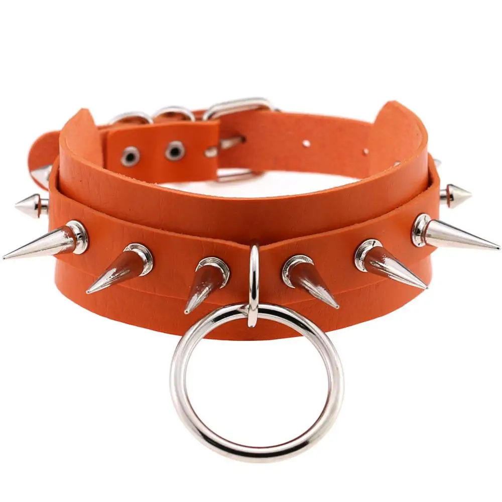 Готический чокер KMVEXO, кожаный чокер с серебряными шипами и большим кольцом - Окраска металла: Orange