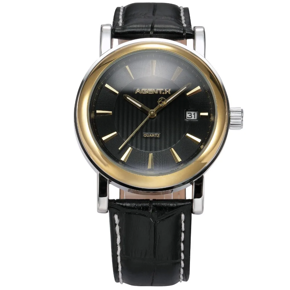 

AGENTX Brand Day Black Dial Gold Full Steel Case Leather Strap Male Relogio Quartz Wristwatch Men Dress Business Watch / AGX023