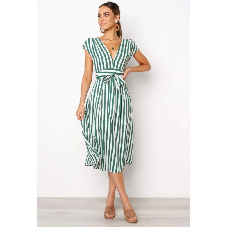 

Striped Dress Bandage Dress Women Ladies Summer Long Dresses Office Party Streetwear Robe Jurk V Neck Sexy White Green Clothes