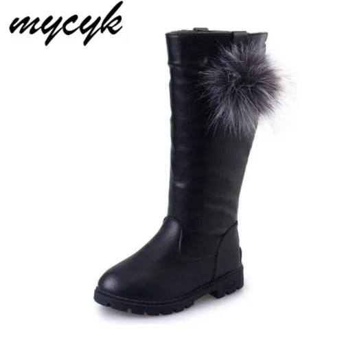 

Warm Short Plush Zipper Black Boots Fur Ball Girls High Boots 2018 Autumn Winter Kids PU Leather Knee-High Shoes