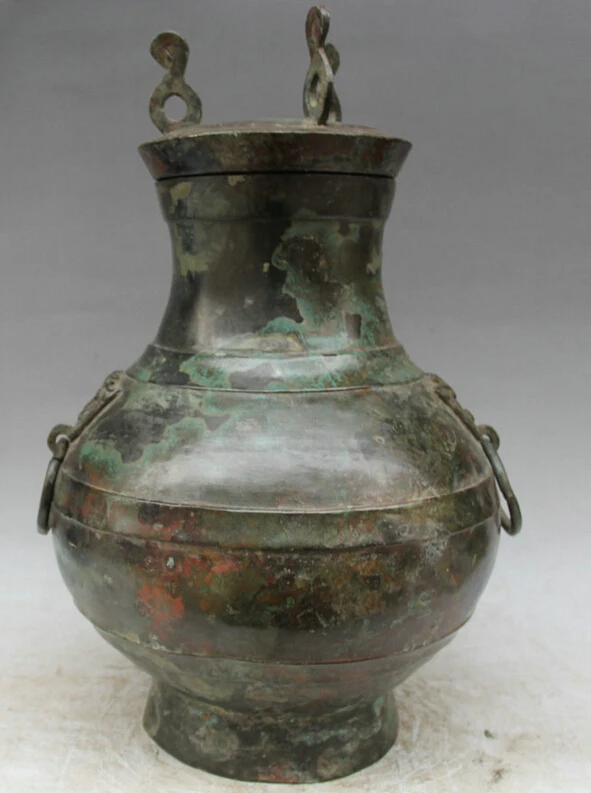 

Elegant old S2112 16" Old Chinese Bronze Folk Beast Head food wine water vessel Pot jar kettle statue