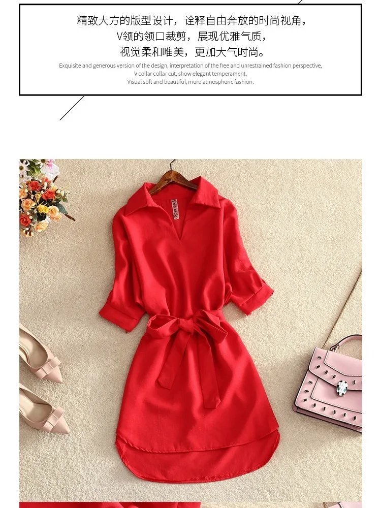 Женская длинная рубашка, блузка, лето, Повседневное платье, однотонный Красный шифон, топы для женщин, Женская туника, Blusas Chemisier Vestidos Femme