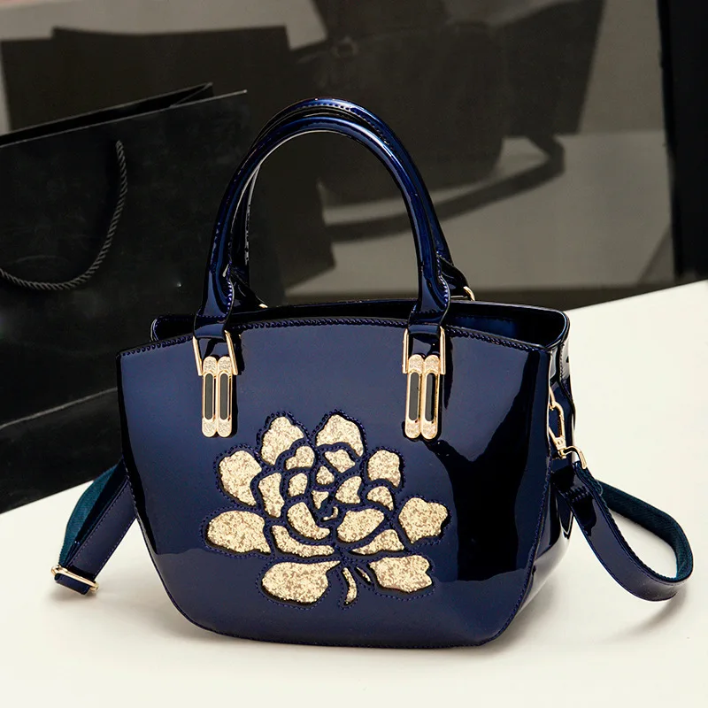 

paillette patent leather Flower Embroidery glossy surface women luxury style Evening Bag handbag Ladies Tote simple shoulder Bag