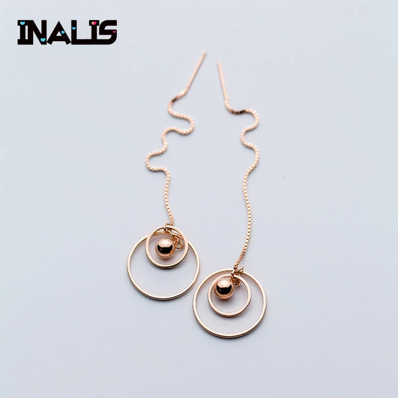 

INALIS New Vintage S925 Sterling Silver Link Chain Ear Line Round Circel Ball Dangle Pendant Drop Earrings for Women Jewelry