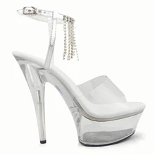 Милые летние босоножки на высоком каблуке 15 см с бахромой; пикантные танцевальные туфли со стразами для сцены