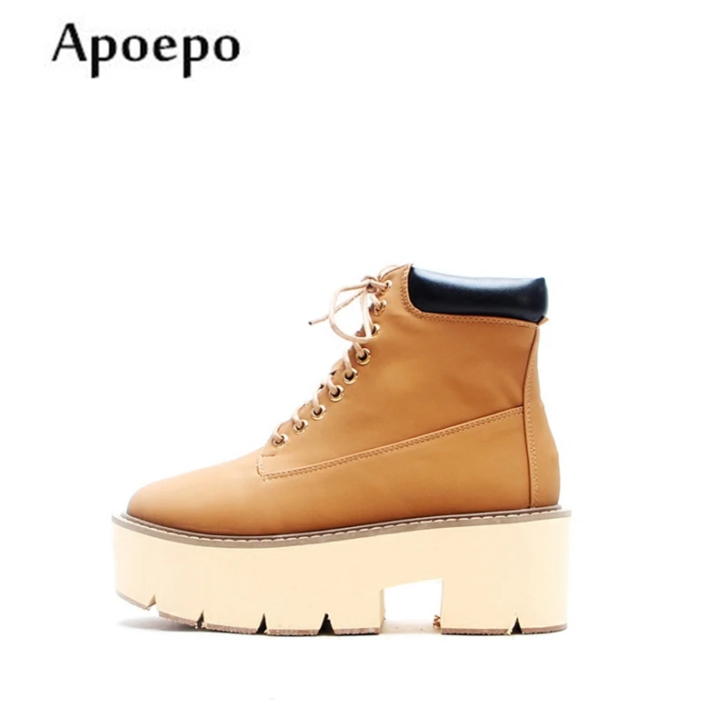 

New Spring Hot Selling Round Toe Flat Platform Boots for Woman Lace-up Thick Heels Riding Boots High Top Ankle Boots