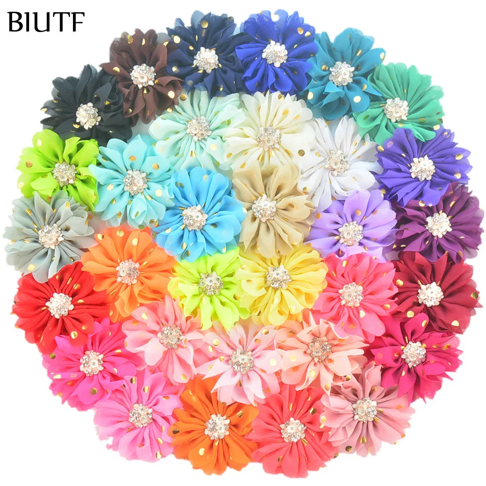 

32pcs/lot Beautiful 8.0cm Gold Polka Dot Chiffon Flower with Rhinestone Button Luxe DIY Acessories for Newborn Headband TH230