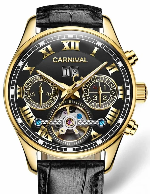Carnival Tourbillon автоматические часы для мужчин Роскошные Золотые механические часы сапфировое стекло 30 м водонепроницаемые мужские часы reloj hombre - Цвет: leather black