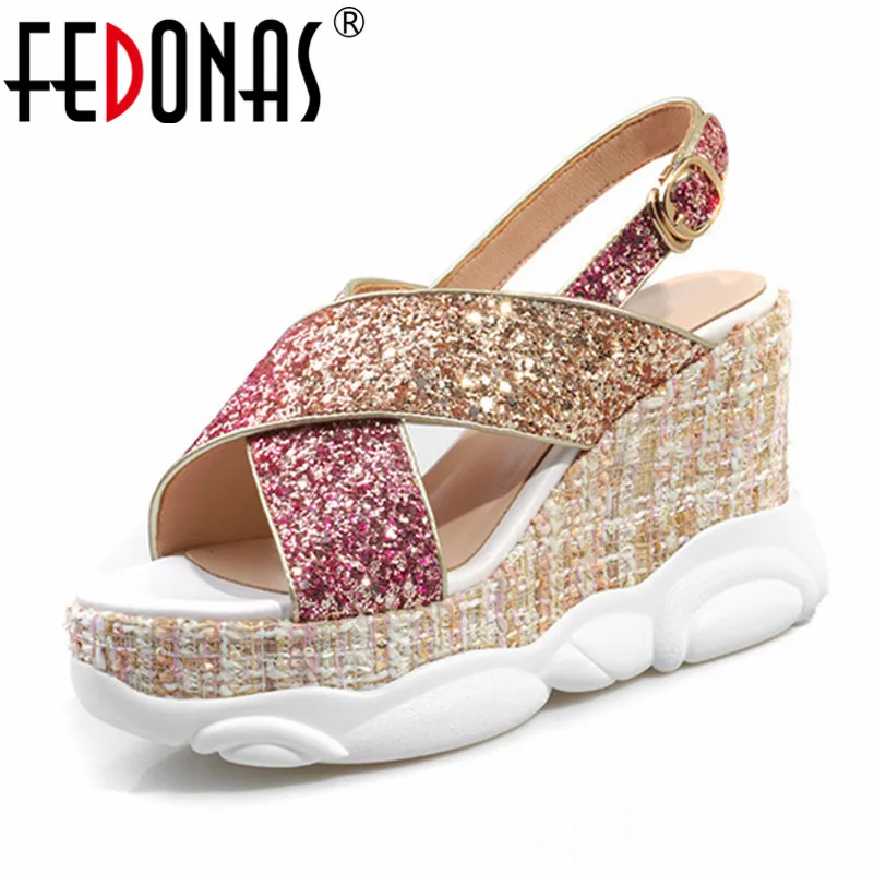 

FEDONAS 2019 Summer New Fashion Sweet Blingbling Round Toe Platforms Women Sandals Buckle Wedges Party Office Basic Shoes Woman