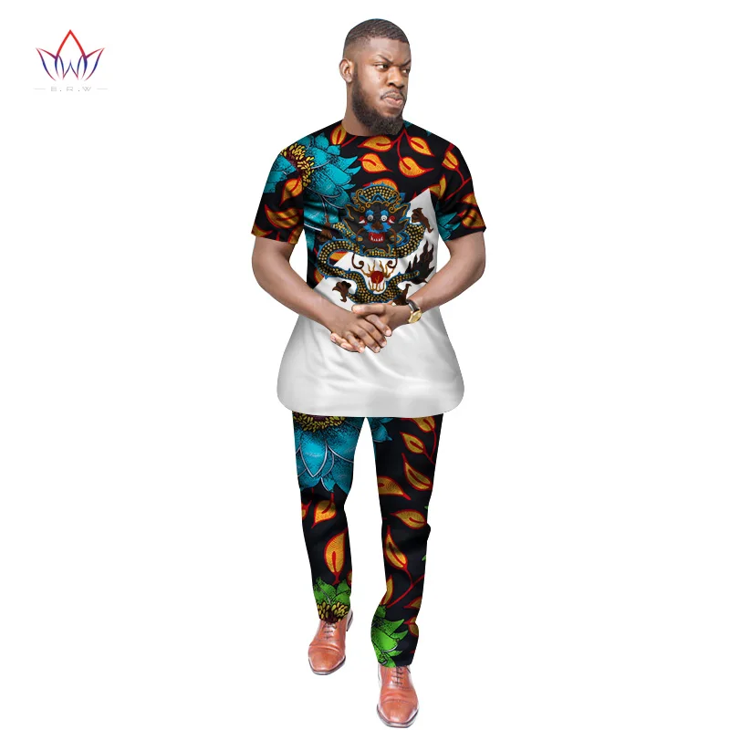 Базен Riche африканская аппликация Дракон принт топ и брюки наборы Анкара одежда 2 шт. брюки наборы мужская африканская одежда WYN390