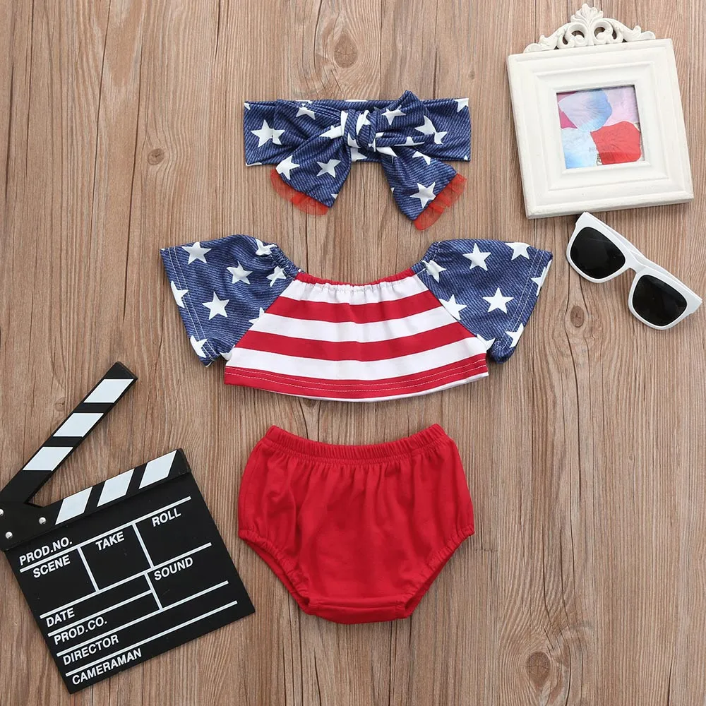 USA Baby Girl Off Shoulder Tops Stripe Shorts Briefs 3pcs Outfits Clothes Summer