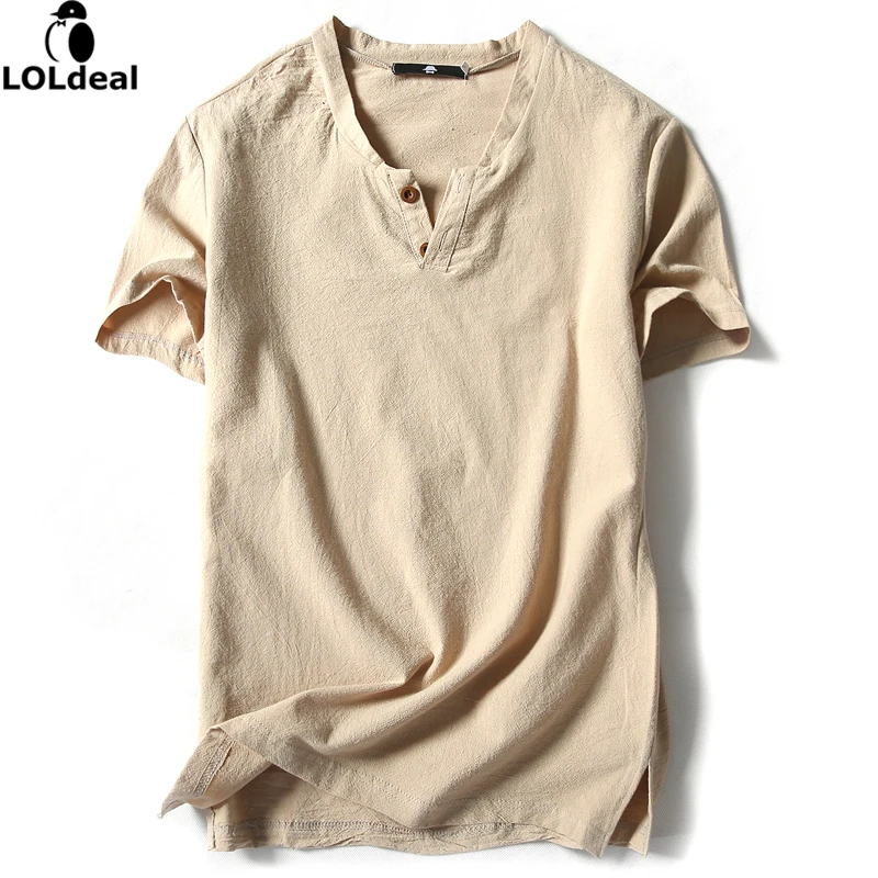 

Loldeal Mens Pullover Linen Shirts Short Sleeve Summer Breathable Mens Quality Casual Shirts Slim fit Solid Cotton Shirts Men