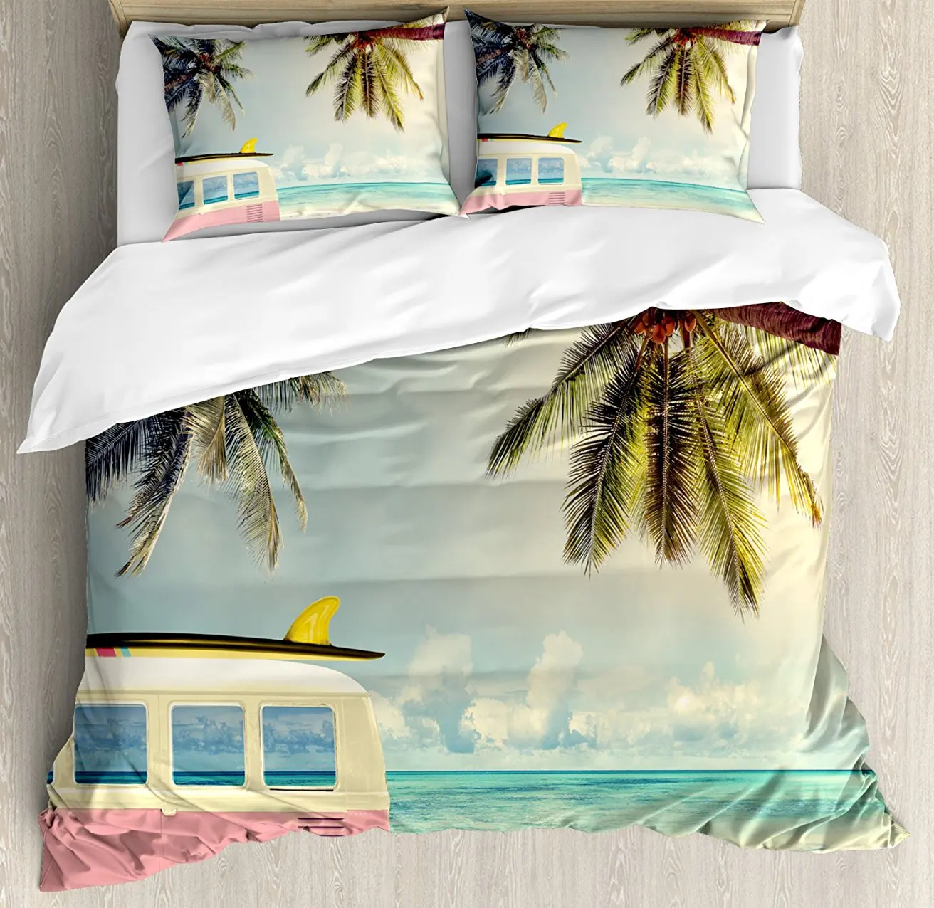 

Duvet Cover Set, Minivan on the Beach Retro Theme Clouds in Summer Sky Honeymoon Destination, 4 Piece Bedding Set