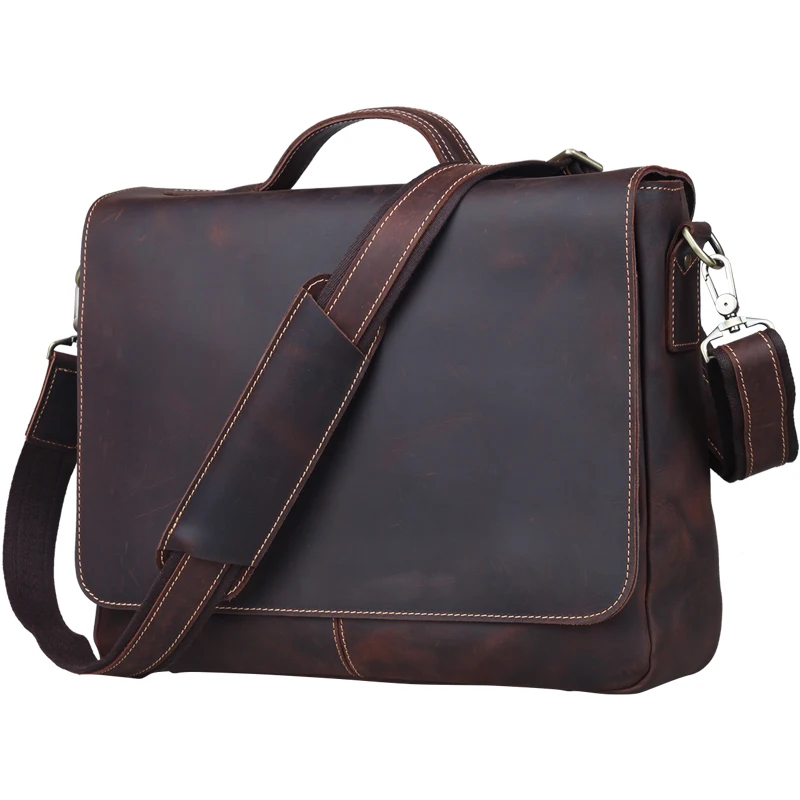 

Tiding Luxury Mens Briefcase Italian Crazy Horse Leather Messenger Shoulder Tote Flap 13" Laptop Bag Vintage Satchel bags Brown