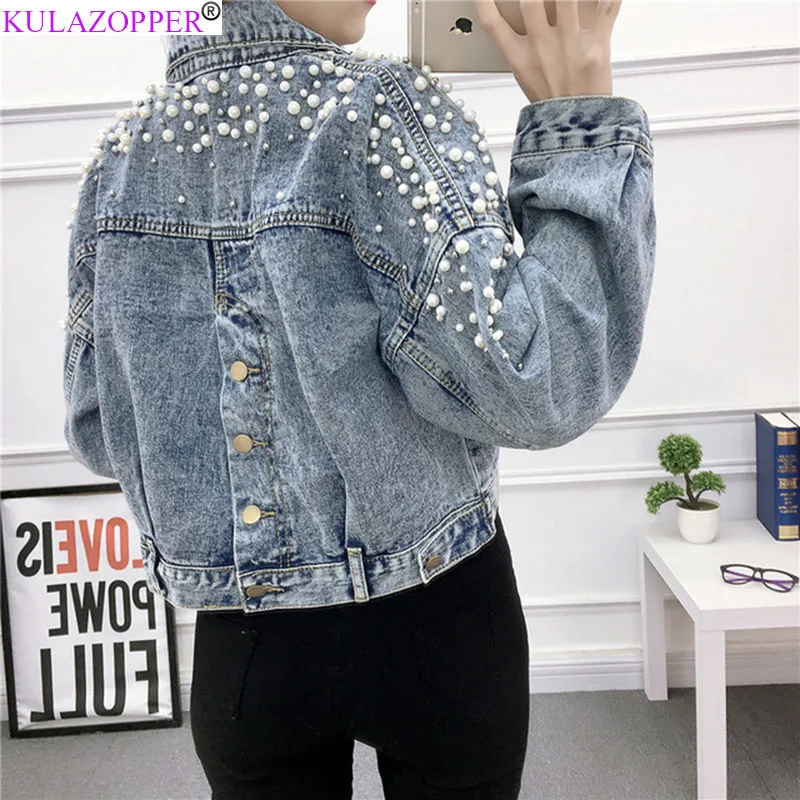 

Vintage Women Witrh Denim Jacket Pearls Beads 2019 Spring Long Sleeve Pockets Denim Jackets Womens Loose Outwear Female ZS705