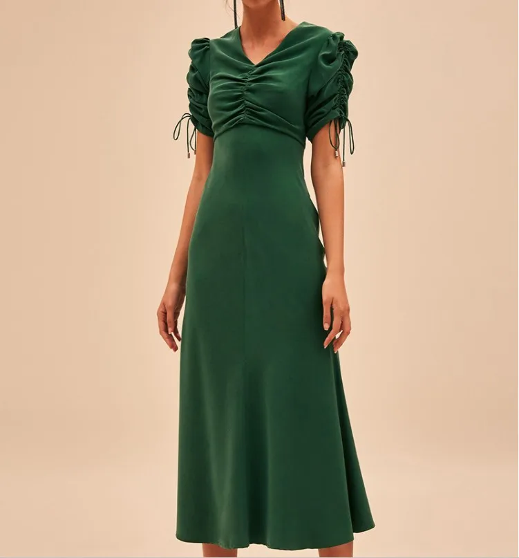 

2019 new V-neck drawstring folds short sleeve solid color women's long skirt