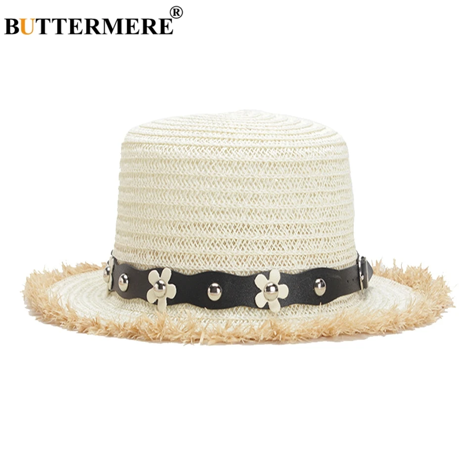 

BUTTERMERE Panama Hats Womens Summer White Straw Female Crochet Sun Hat With Rivet Belt Flower Vintage Korean Sun Hat Ladies