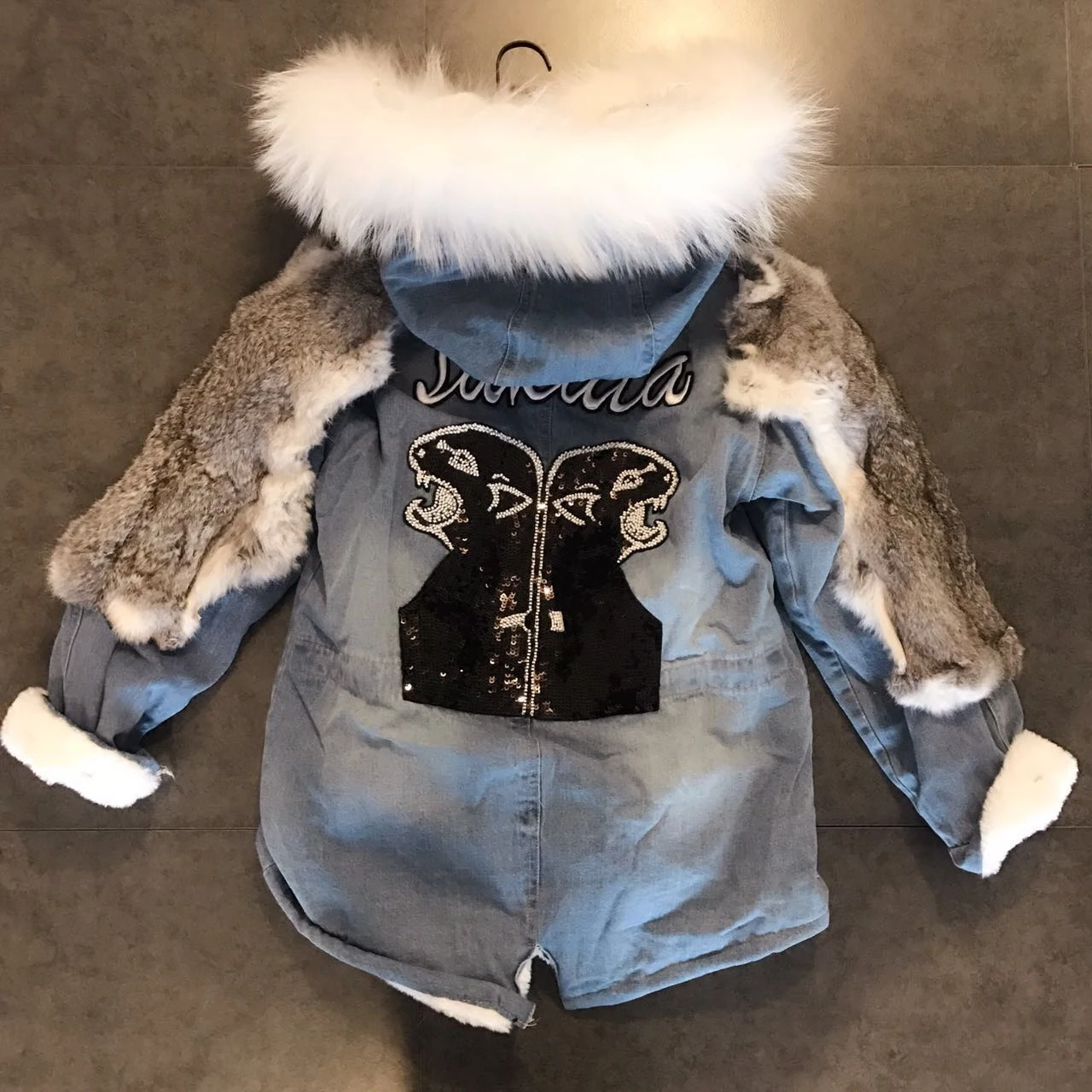 

2018 New Arrival Patchwork Zipper Thick Winter New Women Coat Big Fur Collar Hooded Splicing Rabbit Back Cartoon Long Cotton