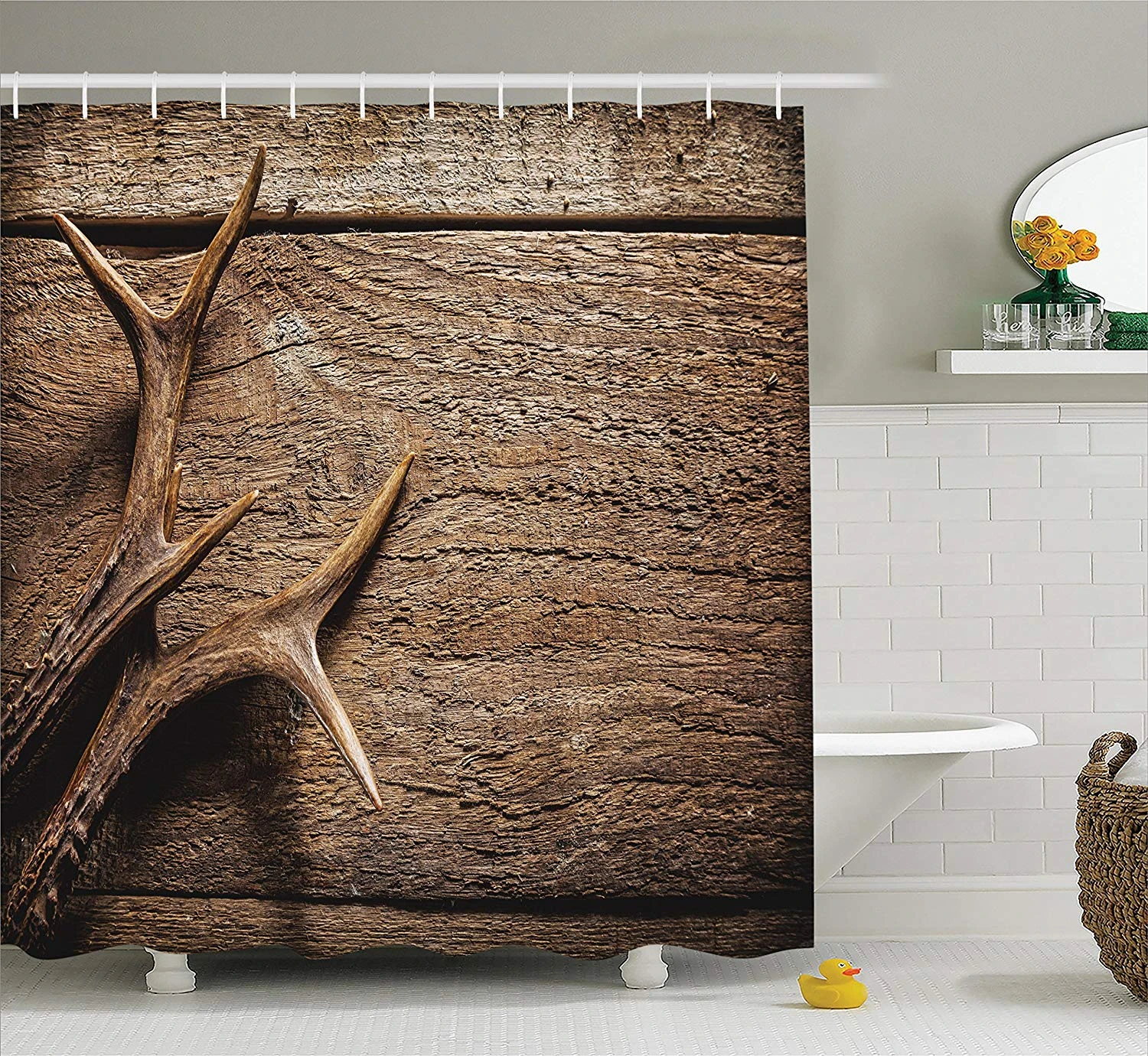 Shower Curtain Decor Deer Antlers On Wood Table Rustic Texture
