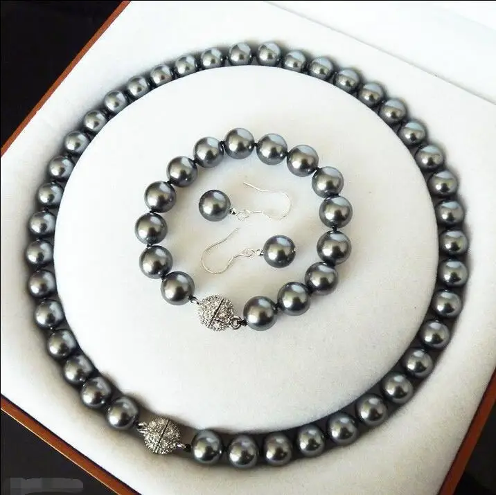 

Wholesale price 16new ^^^^AAA+ 10mm Black Shell Pearl 18KWGP Crystal Clasp Earrings Bracelet Necklace Set