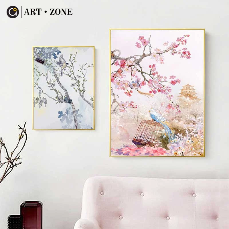 

ART ZONE Modern Flower And Bird Canvas Painting Chinese Style 3D Print Wall Art Poster Living Room Bedroom Decor Painting