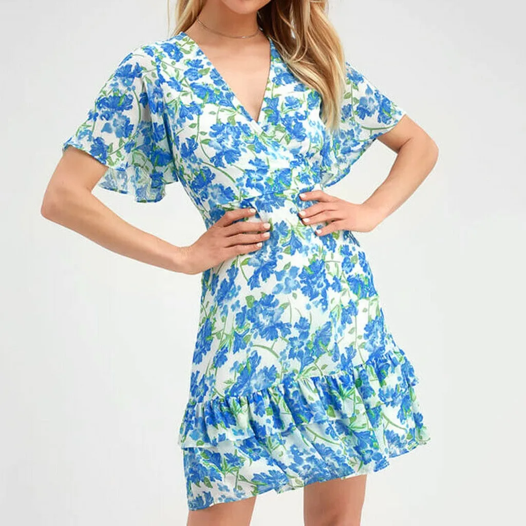 Женское короткое платье с цветочным принтом Boho повседневное мини коротким