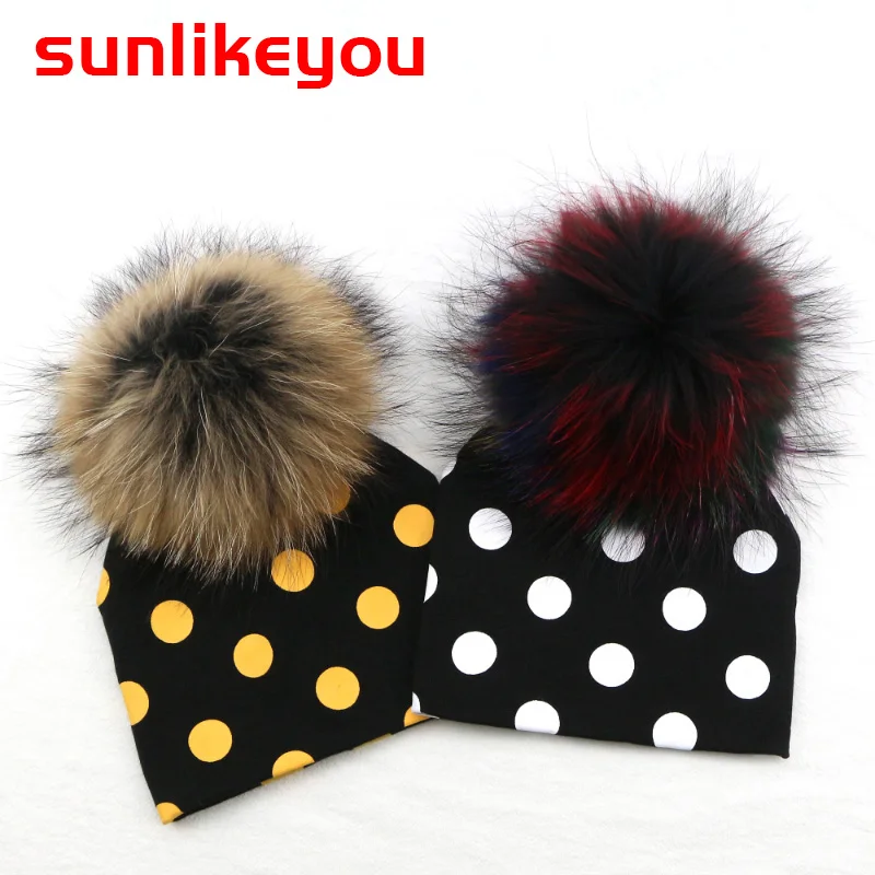 

Sunlikeyou Newborn Hats Girl Real Raccoon Fur Pompom Warm Baby Beanie Bonnet Spotted Cotton Soft Toddler Cap Kids Boy Hat