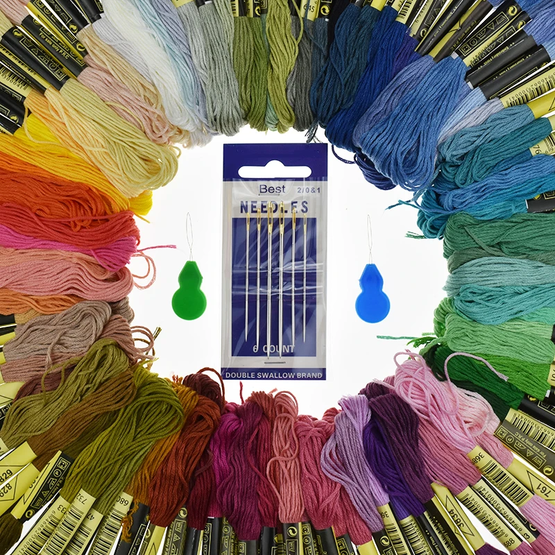 100 Pcs Random Color Embroidery Thread Cross Stitch Threads with 6pcs Sewing Needles For Women Mom DIY Sewing Tools Accessory