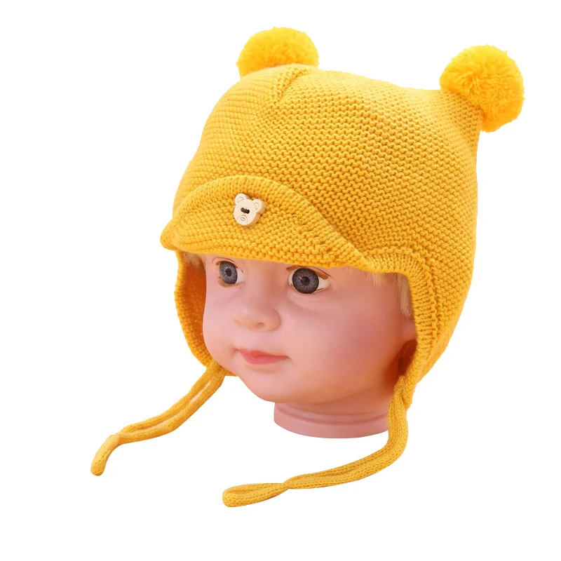 Вязаные Детские шапочки для защиты ушей, шапки для мальчиков с двумя шариками, однотонные шапки для мальчиков и девочек, зимние и осенние детские шапочки для девочек, детская шапка со шнуровкой - Цвет: Цвет: желтый