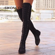SWONCO/женские высокие сапоги; коллекция года; сезон осень-зима; женские сапоги до бедра на шнуровке; женские сапоги; зимние женские сапоги; большой размер 43
