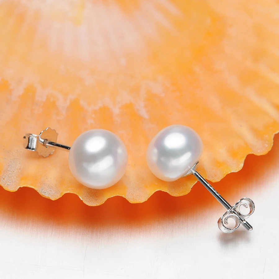 FEIGE 925 пробы серебряные серьги-гвоздики 8-9 мм белые серьги с культивированным пресноводным жемчугом для женщин, хорошее ювелирное изделие