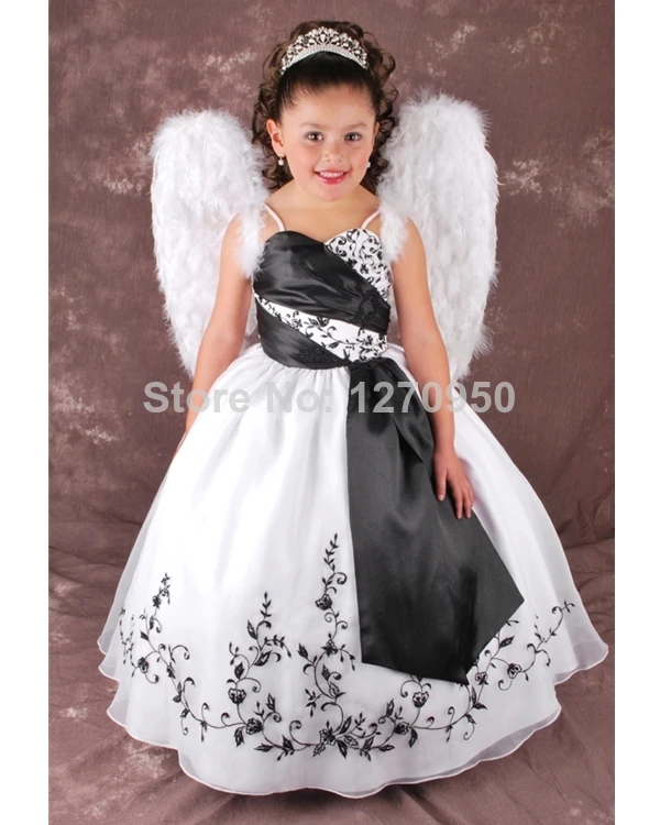 Lovely Ball Gowns Strap White and Black Floor length little Girl Dress