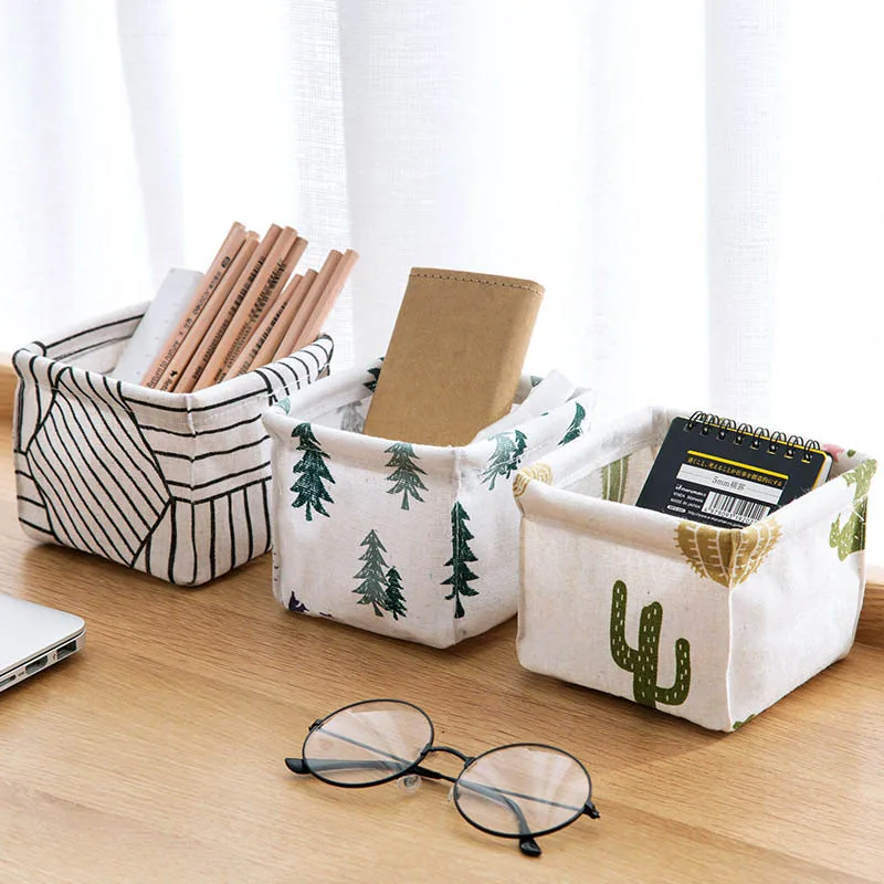  Foldable Sundries Storage basket Cute Printing Cosmetics Container Multifunction Cotton Linen Stora