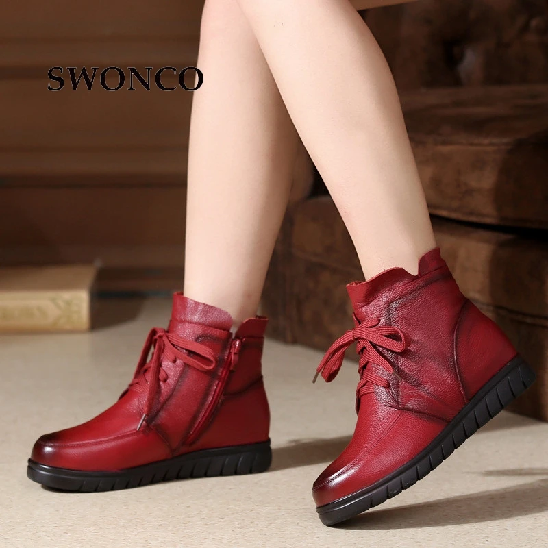 SWONCO Women's Winter Boots 2018 Genuine Leather Fur Wool Snow Boot Shoes Woman Ankle Boots For Women Lace Up Ladies Winter Boot Women's Shoes
