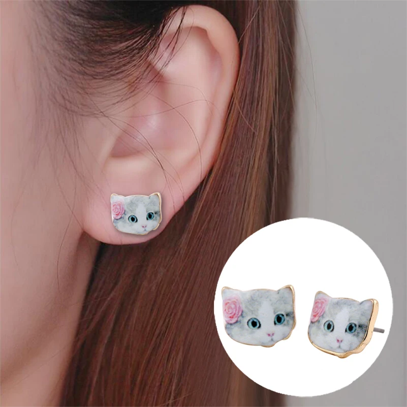 Hot Sale New Fashion Designed Colorful Cute Animal Earrings Cat Head with Flower for Women OED038 | Украшения и аксессуары