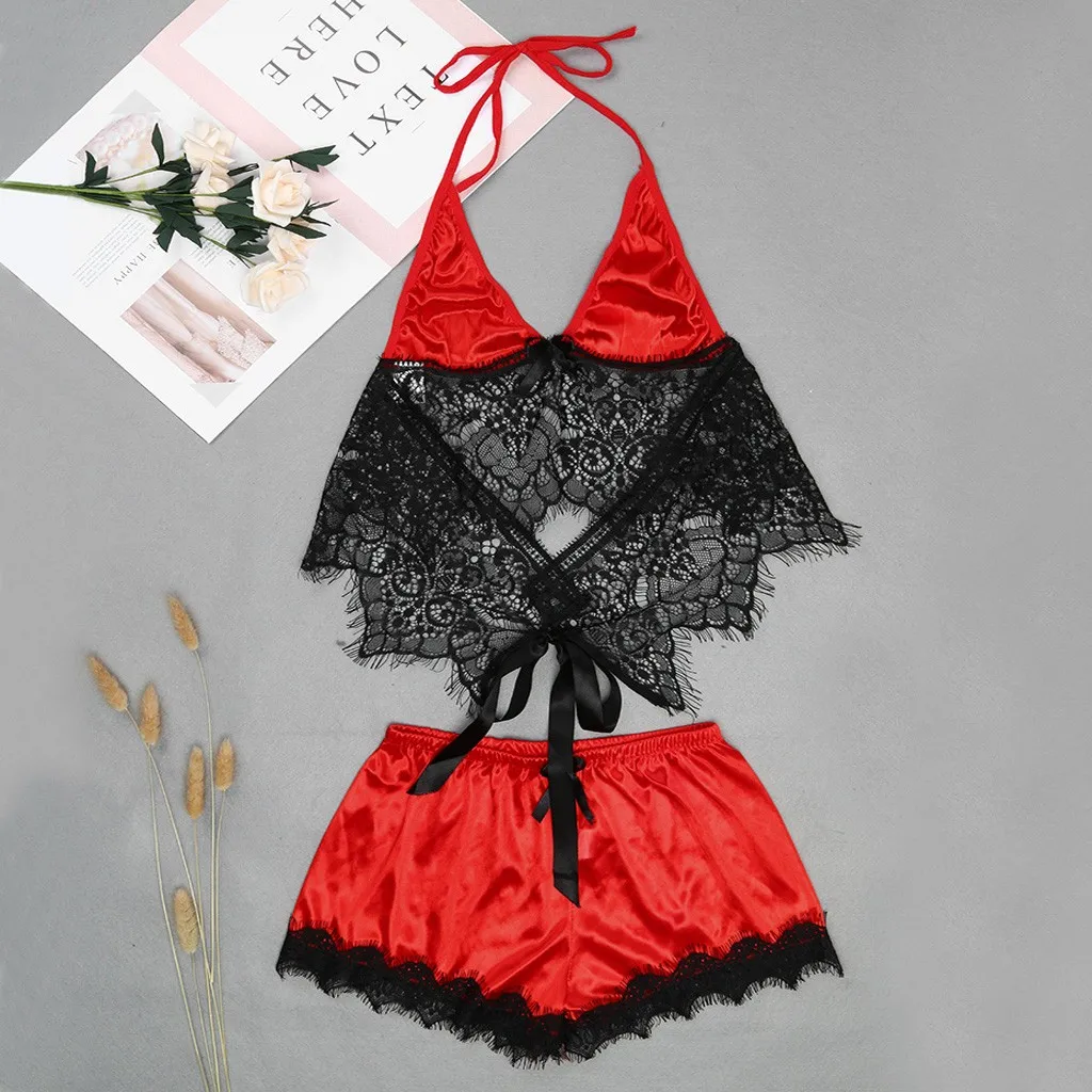 

Women Babydoll Set Lace Satin Bowknot Bra Sexy Lingerie Underpant Set Sleepwear Camis Bielizna Damska Komplety