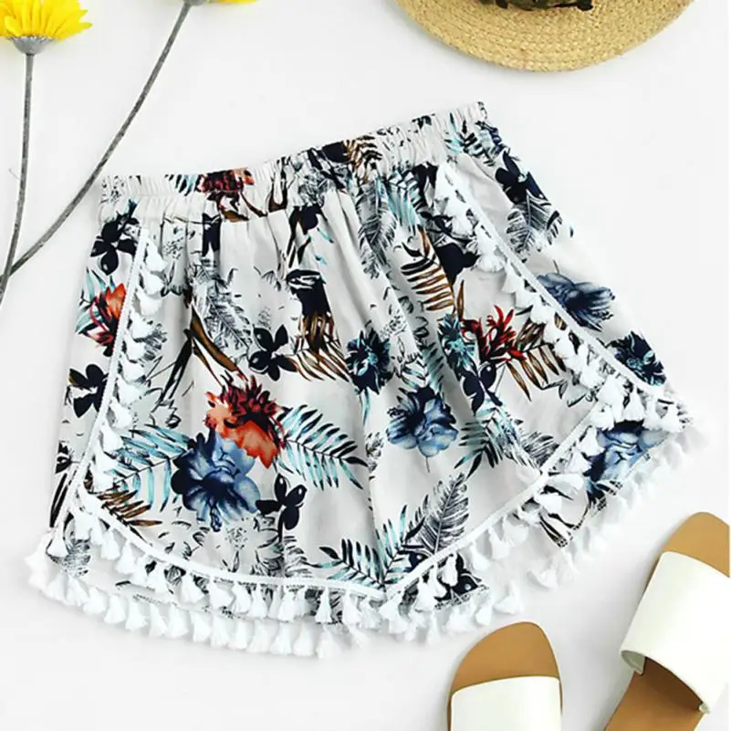 

Harajuku Wide leg shorts women female Print Mid Waist Tassel Beach Boho short mujer feminino Trousers summer vadim Trousers #F
