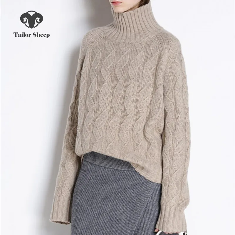 Baratos Suéter de cachemir grueso de invierno de oveja Sastre para mujer suéter de cuello alto flojo suelto de punto trenzado