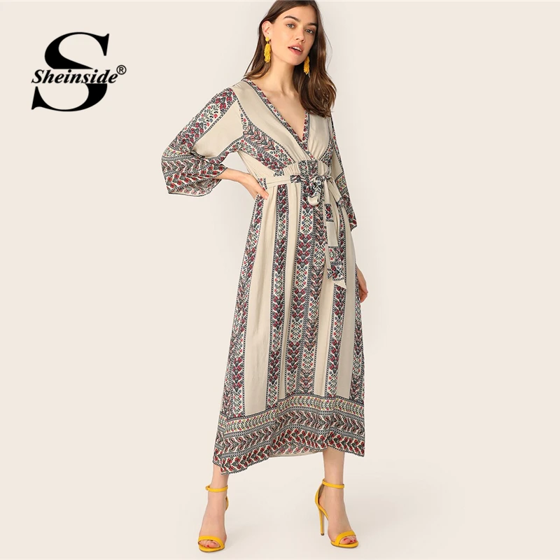 

Sheinside Boho V Neck Floral Print Dress Women 2019 Summer High Waist Belted Straight Dresses Ladies 3/4 Sleeve Dress