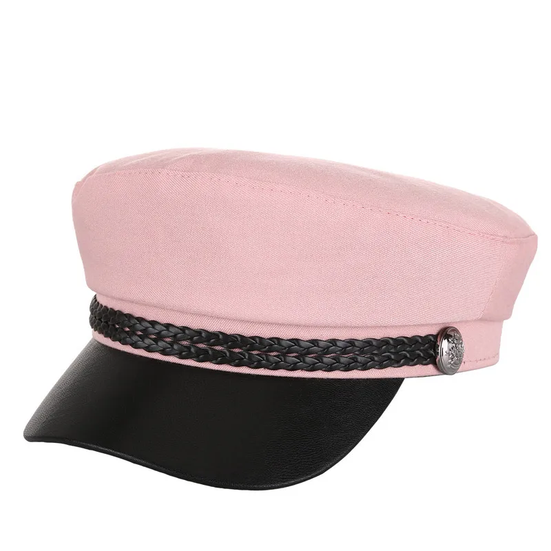 

Women's Retro Flat Top Military Hat with Twist rope Leather visor Metal buckle British style Navy Captain Cap Vintage Baker Boy