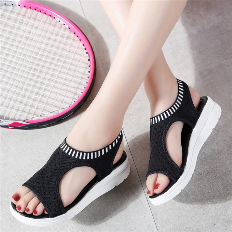 

Sandals Women 2018 Ladies Black White Platform Wedge Sandals Shoes Black Summer Mesh Shoes Flat Sandals Shoes Women Sandals
