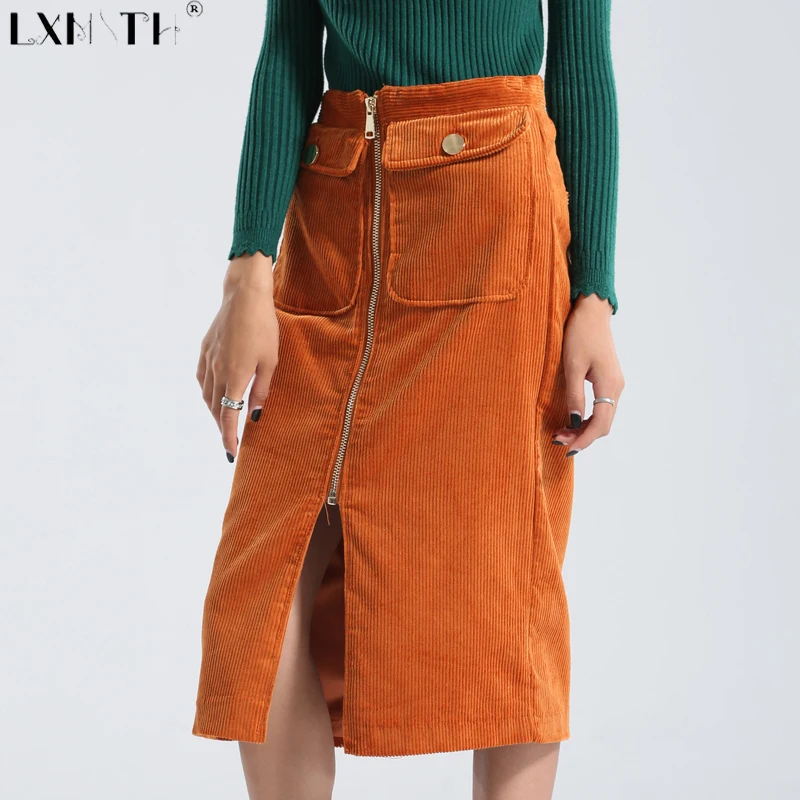 Winter Corduroy Skirt Women Zipper Knee Length Padded Ladies Straight