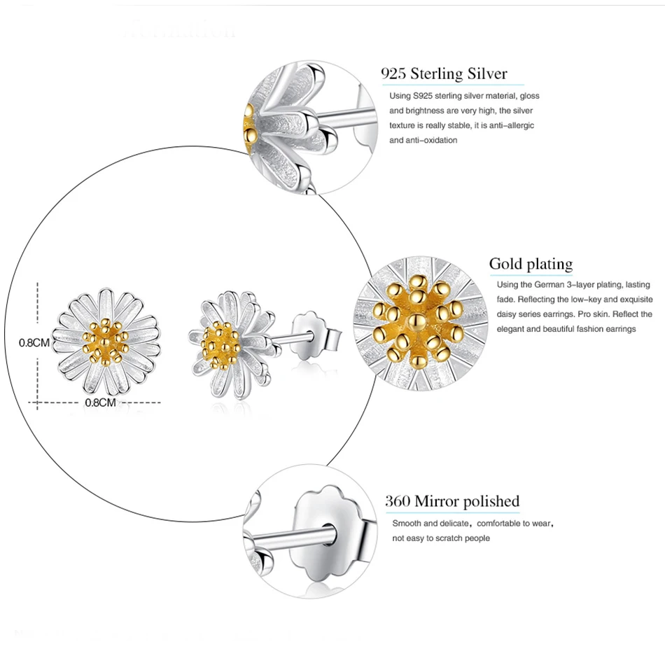 ELESHE 925 пробы серебряные хризантемы цветок маргаритки маленькие серьги-гвоздики для женщин модные золотые серьги серебряные украшения